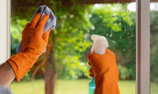 Uomo che pulisce i vetri, uno dei passaggi per una pulizia profonda.