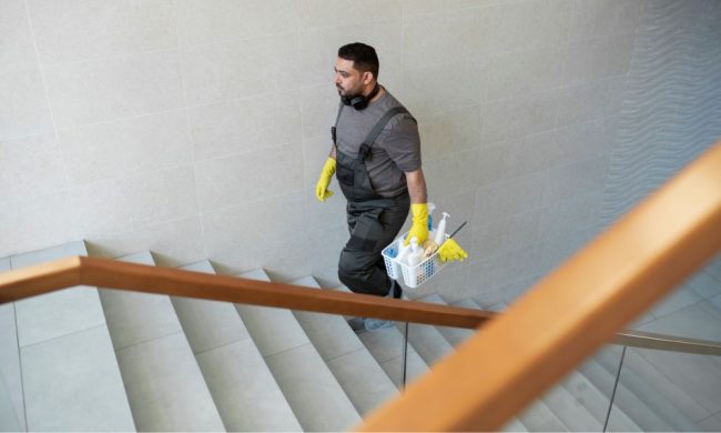 Addetto che sale le scale, mentre lavora alle pulizie condomìni