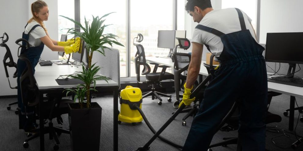 full-shot-people-cleaning-office Addetti che si occupano delle pulizie aziendali